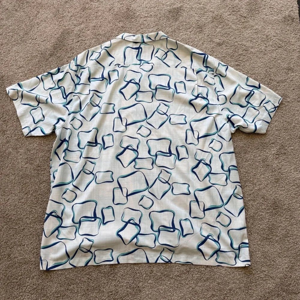 Tommy Bahama Button Down Men 3XL White Blue Silk Geometric Short Sleeve Shirt
